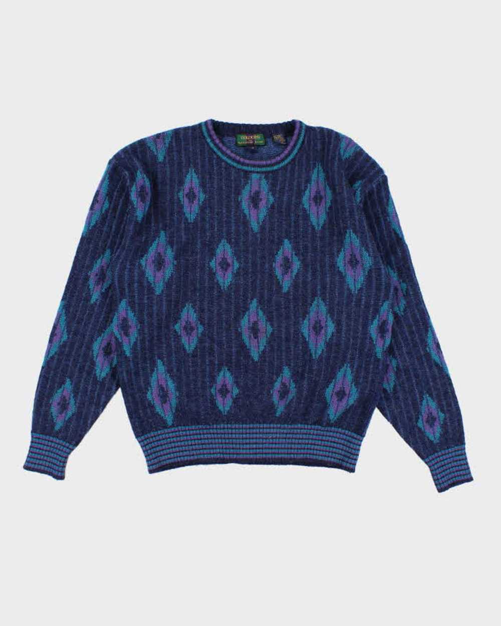 Vintage Men's Blue Pattered Knit Wool Sweater - L - image 1