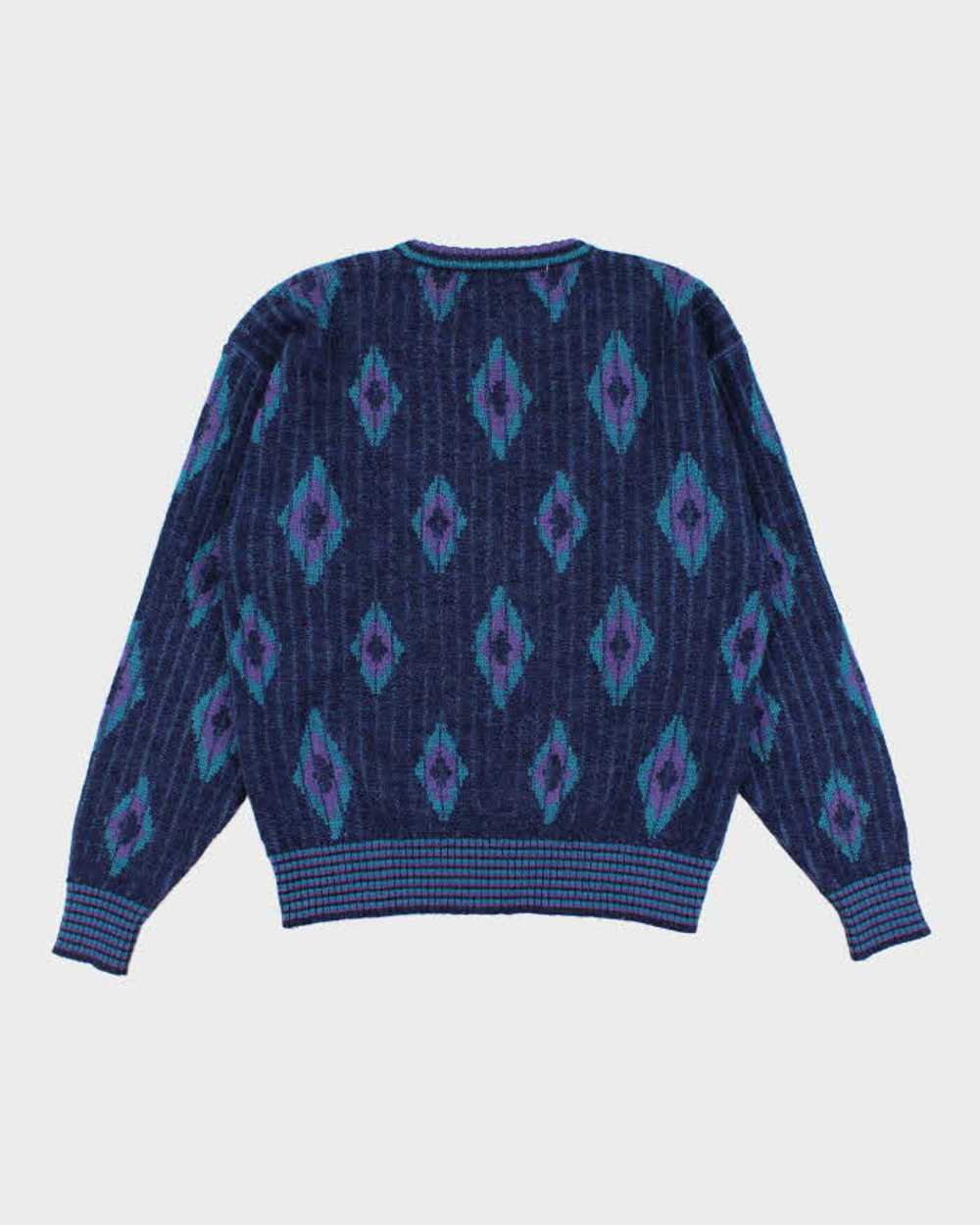 Vintage Men's Blue Pattered Knit Wool Sweater - L - image 2