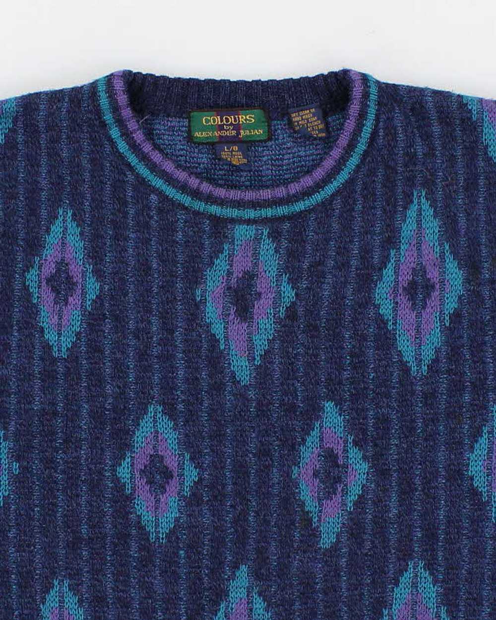 Vintage Men's Blue Pattered Knit Wool Sweater - L - image 3