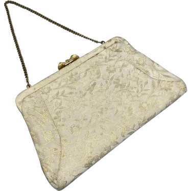 Vintage Cream Gold Brocade Clutch Handbag Purse Pa