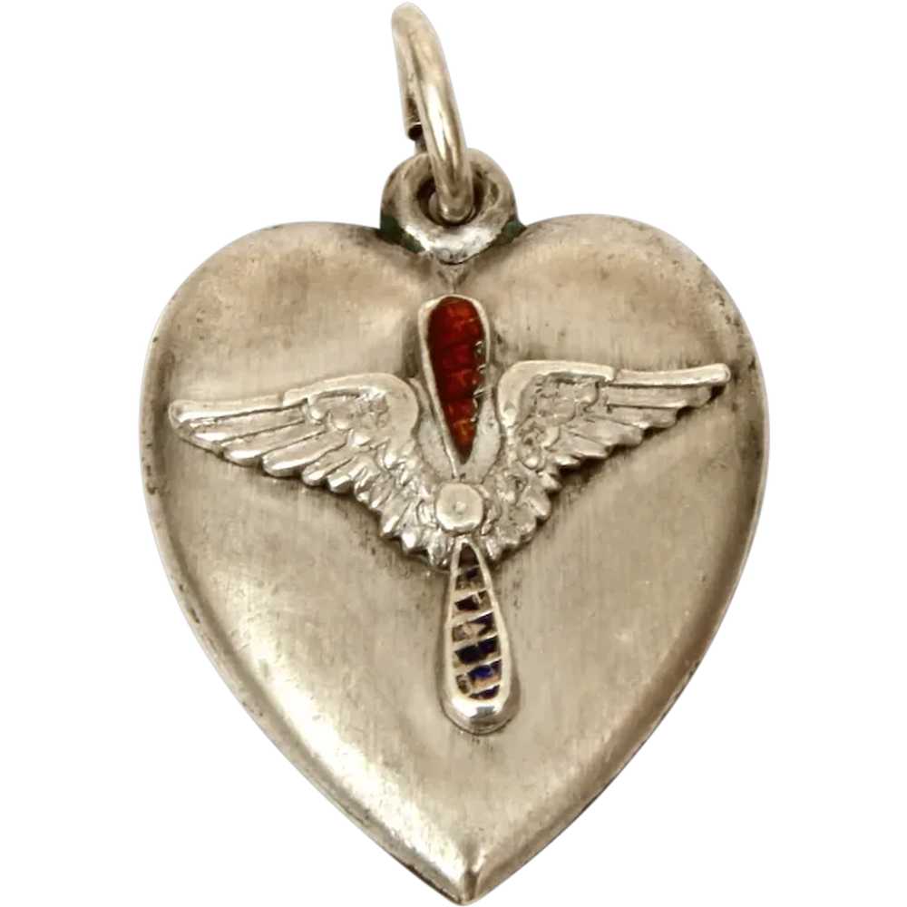 WWII Sweetheart Sterling Puffy Heart Charm Army A… - image 1