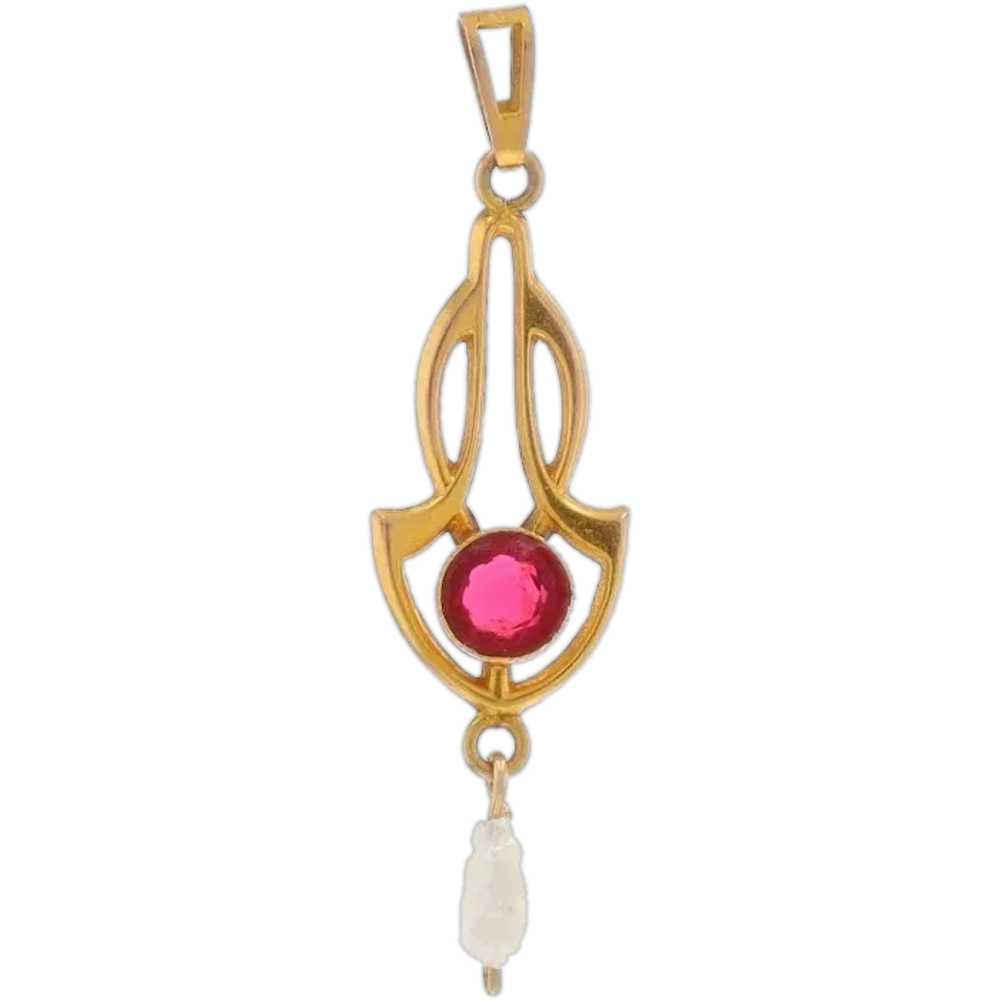 Yellow Gold Glass & Freshwater Pearl Art Deco Lav… - image 1