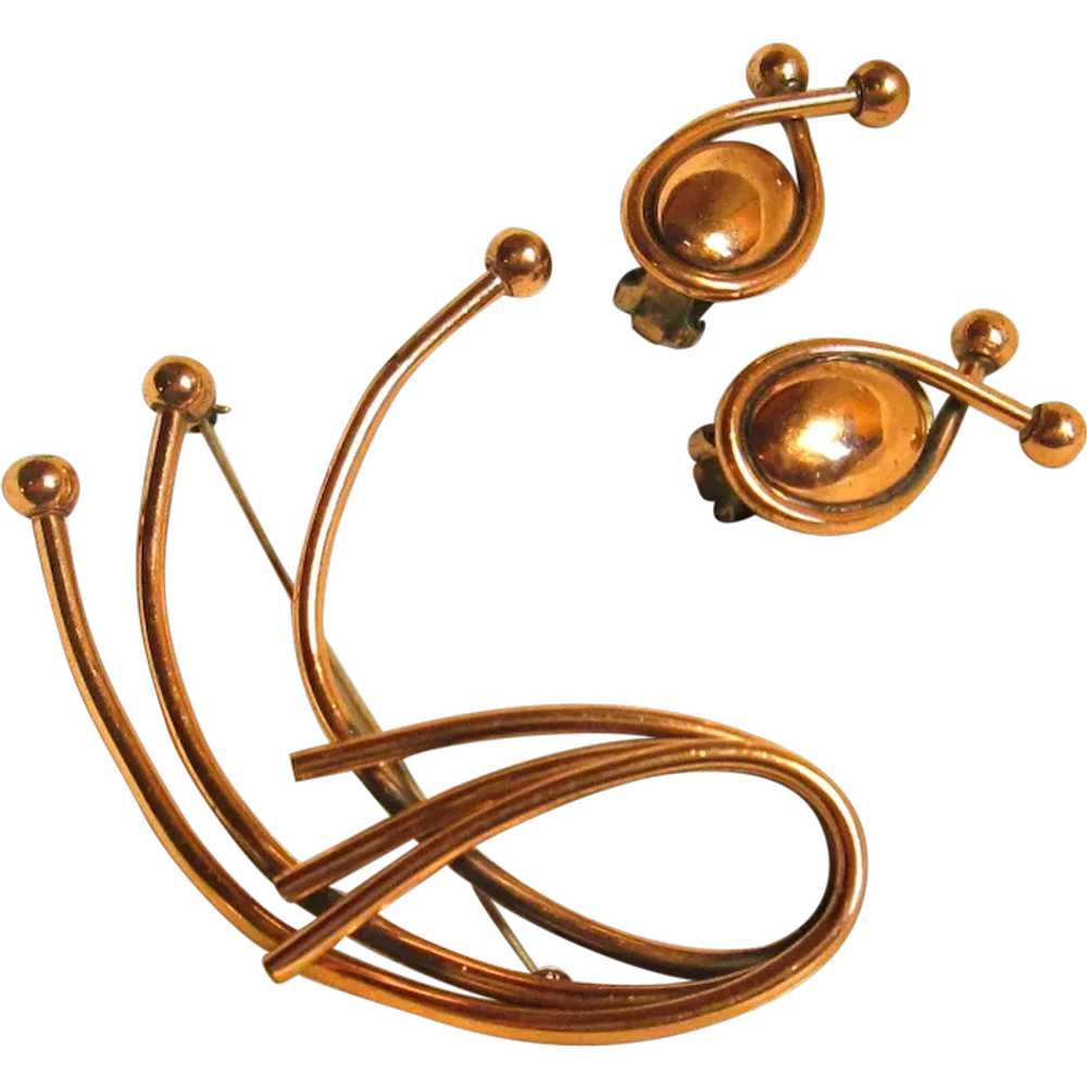 Rare Renoir Pulled Wire Copper Brooch and Earrings - image 1