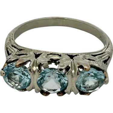 Antique Art Deco 3 Stone Aquamarine Ring 20K Gold