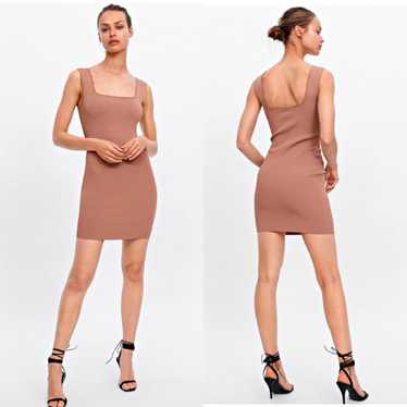 Zara Squareneck Nude Camel Bodycon Tank Mini Dres… - image 1