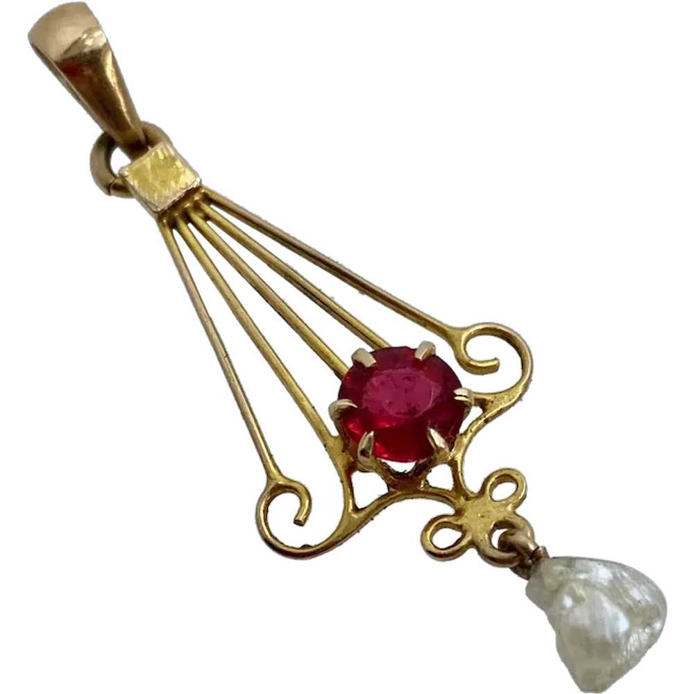 Nouveau 10K Lavalier Pendant Synthetic Ruby Pearl… - image 1