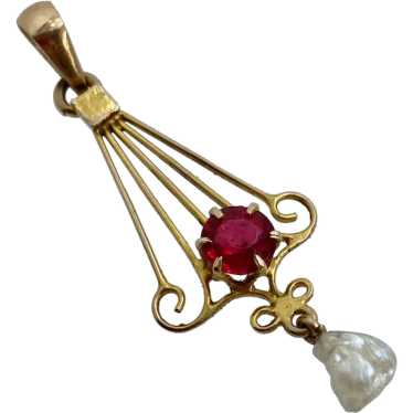 Nouveau 10K Lavalier Pendant Synthetic Ruby Pearl… - image 1