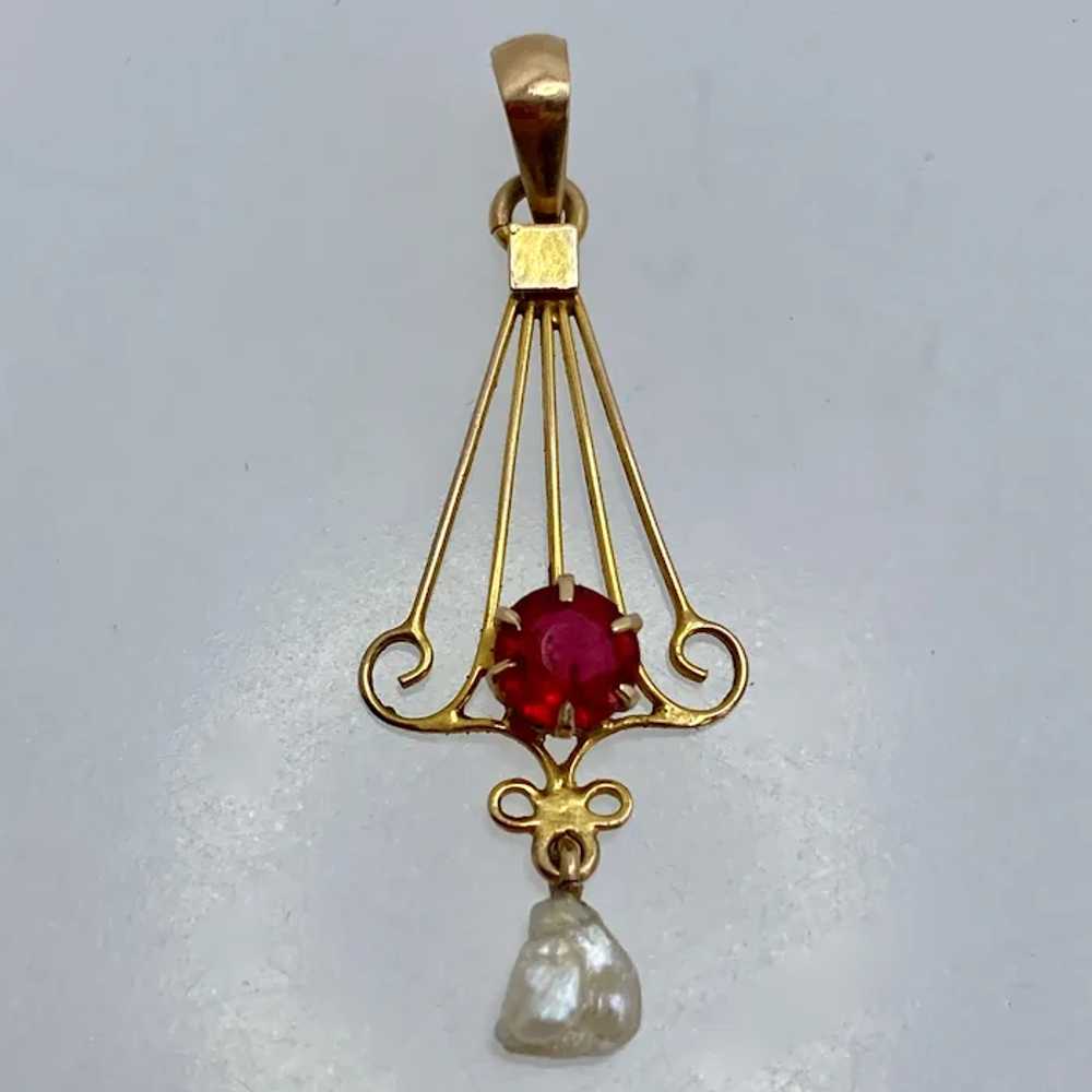 Nouveau 10K Lavalier Pendant Synthetic Ruby Pearl… - image 2