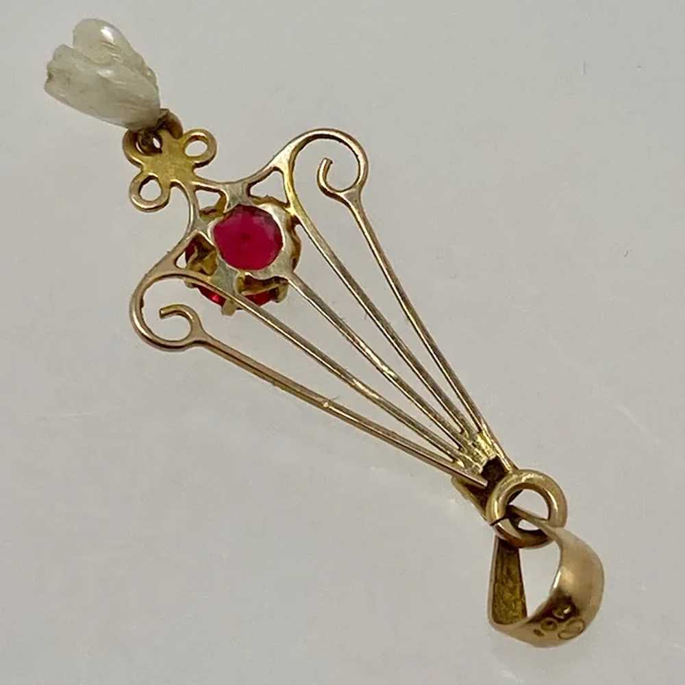 Nouveau 10K Lavalier Pendant Synthetic Ruby Pearl… - image 3