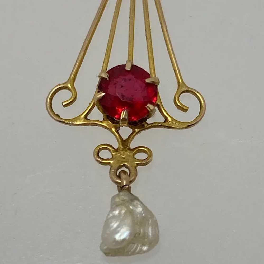 Nouveau 10K Lavalier Pendant Synthetic Ruby Pearl… - image 4