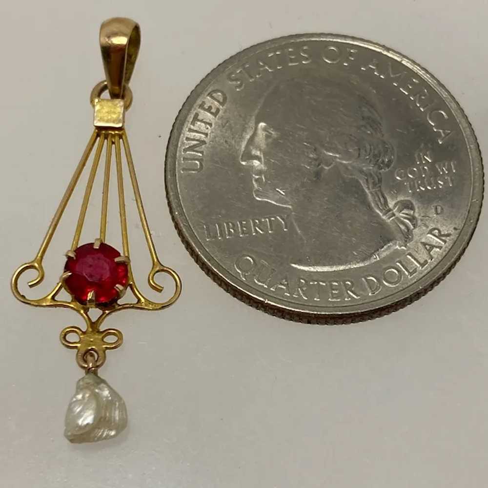 Nouveau 10K Lavalier Pendant Synthetic Ruby Pearl… - image 9