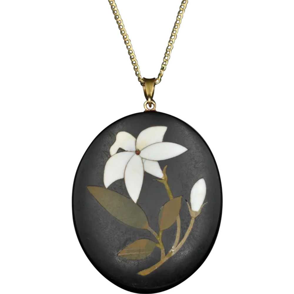 Antique Pietra Dura Lily and 9k Gold Necklace - image 1