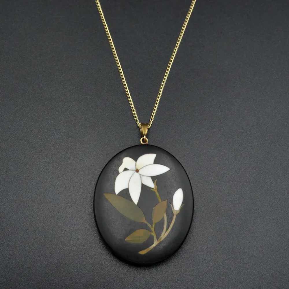 Antique Pietra Dura Lily and 9k Gold Necklace - image 3