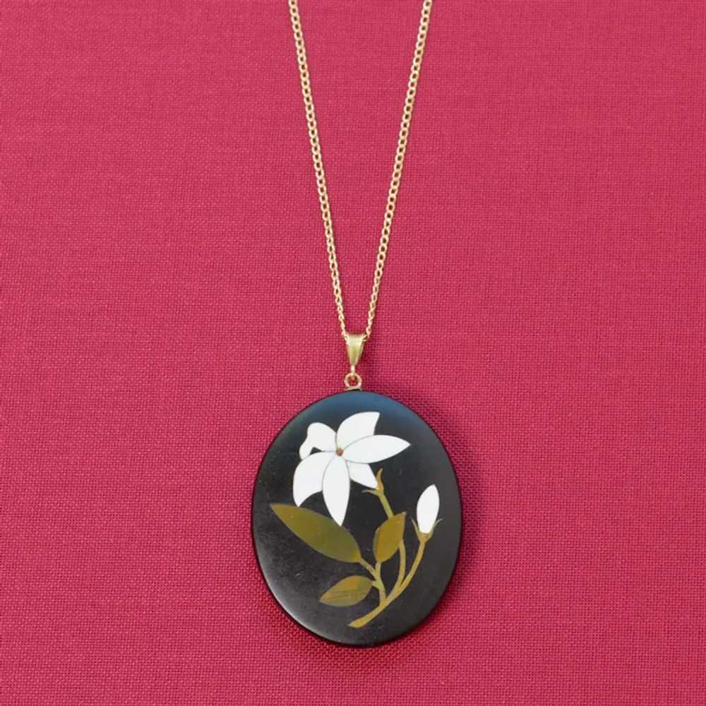 Antique Pietra Dura Lily and 9k Gold Necklace - image 5