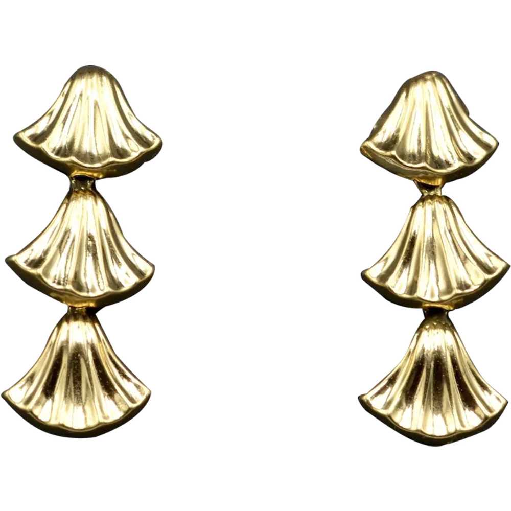 Vintage 14k Gold Lotus Flower Dangle Earrings - image 1
