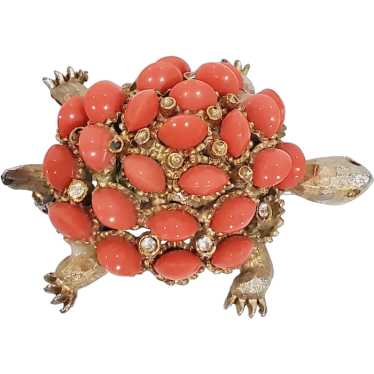 HAR Turtle Brooch Pin 1960s Coral Stones 2" inches