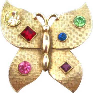 Butterfly Pin Gold Tone Checkered Pattern With Va… - image 1