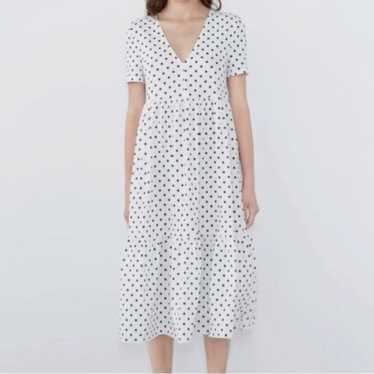 Zara White Midi Dress Black Polka Dot Tiered Ruff… - image 1