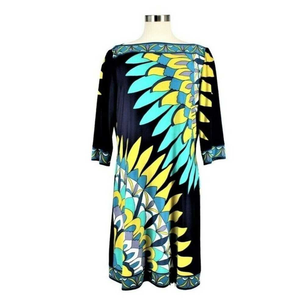 Donna Morgan Shift Dress Blue Feather Abstract Pr… - image 1
