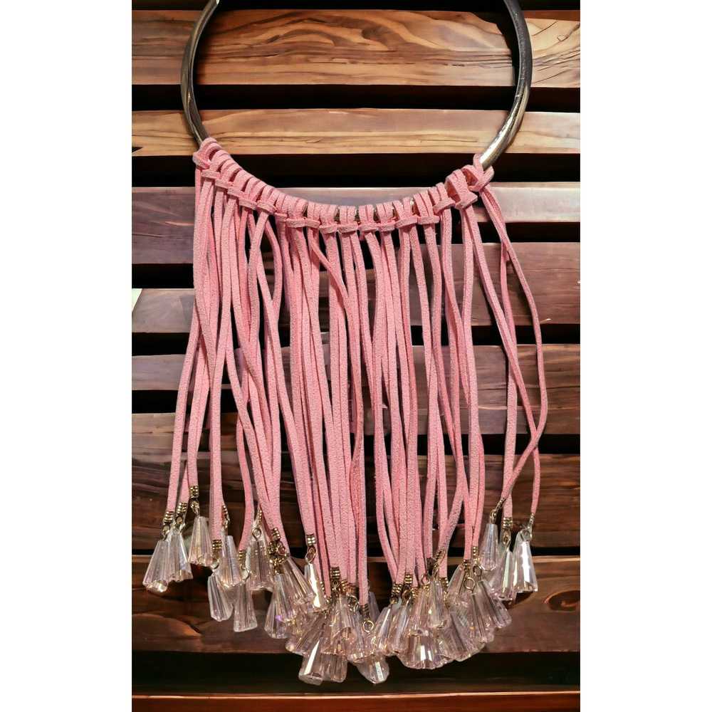 Other Pink Suede Beaded Fringe Necklace - image 5