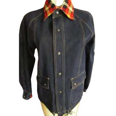 Vintage 1970's Womens M Denim Jacket Plaid Collar… - image 1