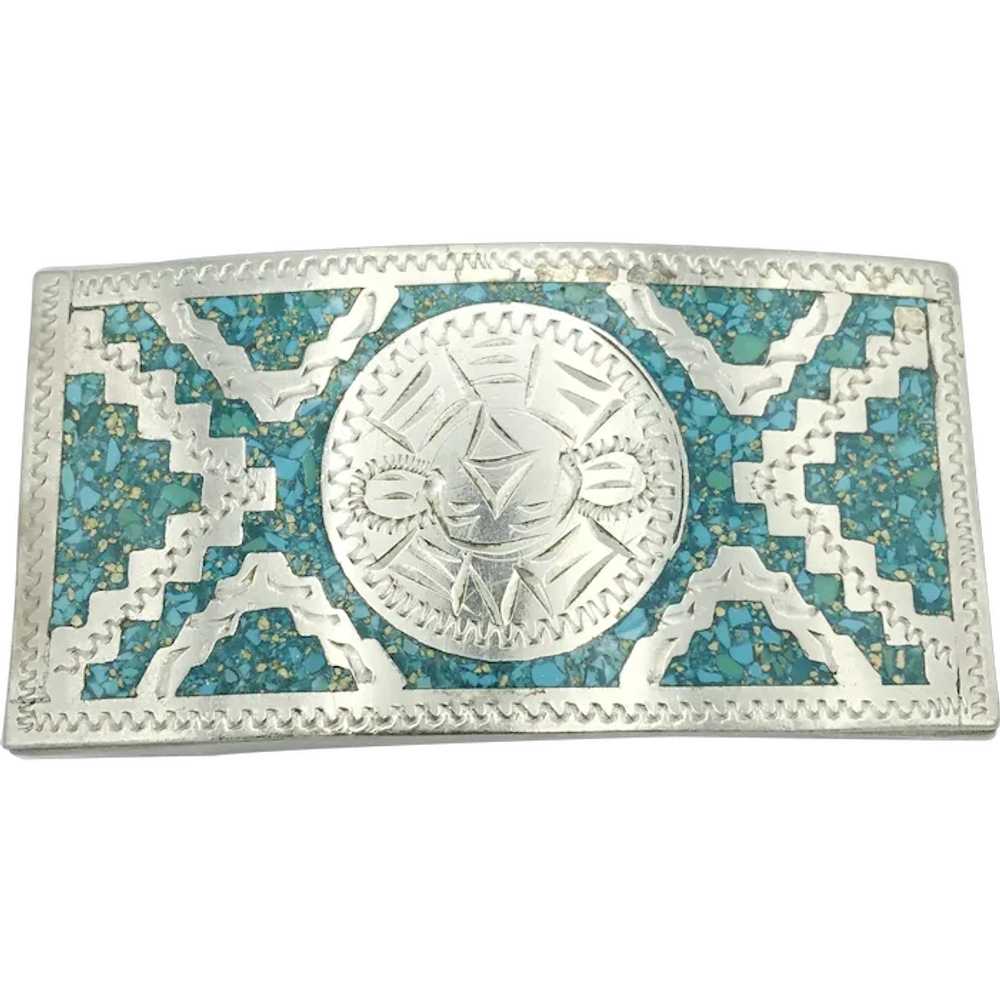 Alpaca Silver Turquoise Inlay Belt Buckle - image 1