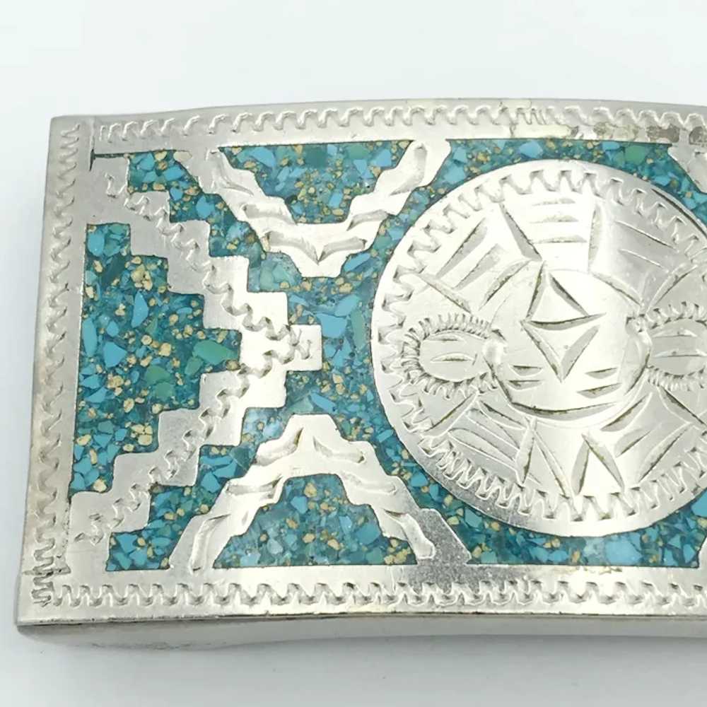 Alpaca Silver Turquoise Inlay Belt Buckle - image 2