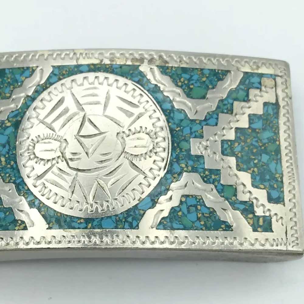 Alpaca Silver Turquoise Inlay Belt Buckle - image 3