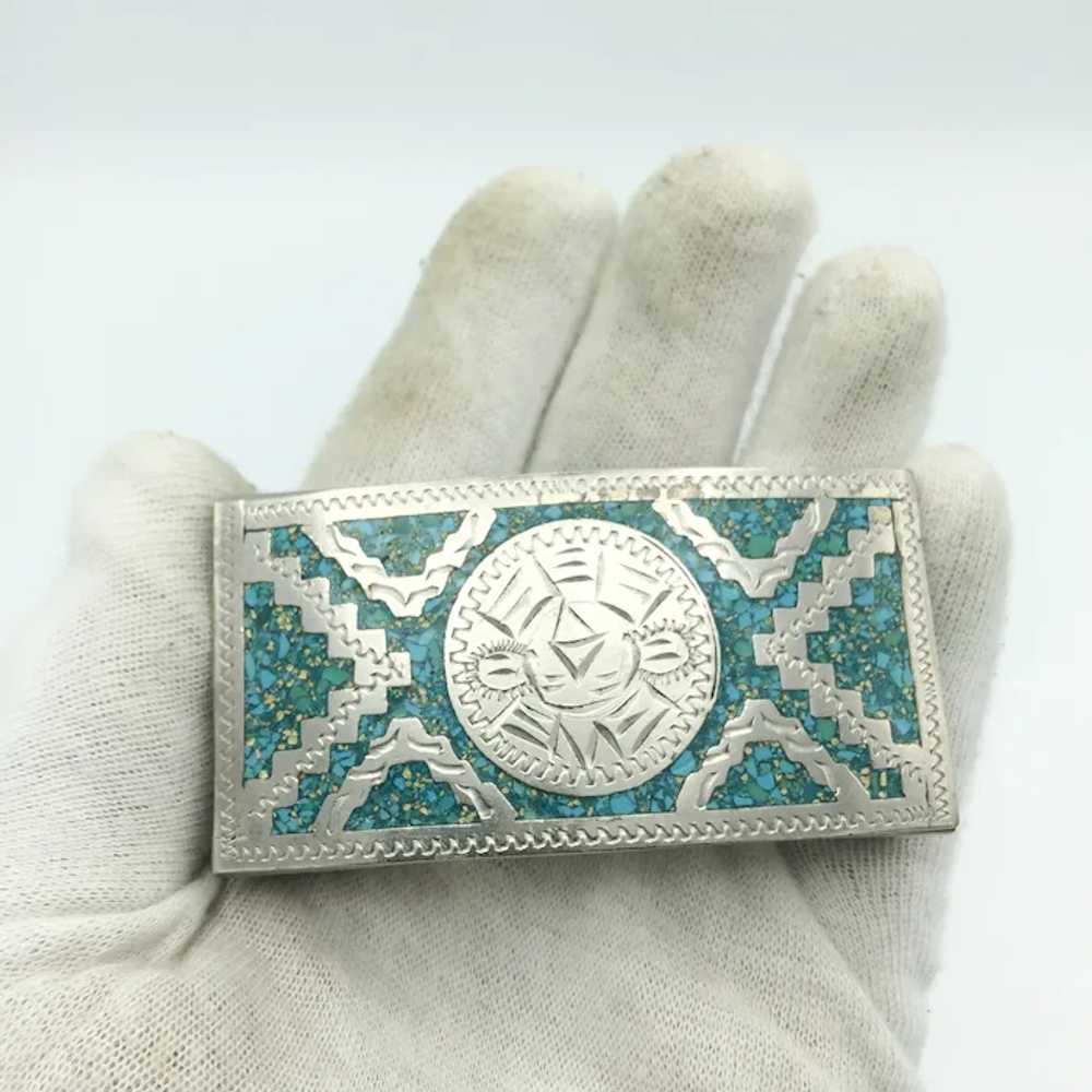 Alpaca Silver Turquoise Inlay Belt Buckle - image 5