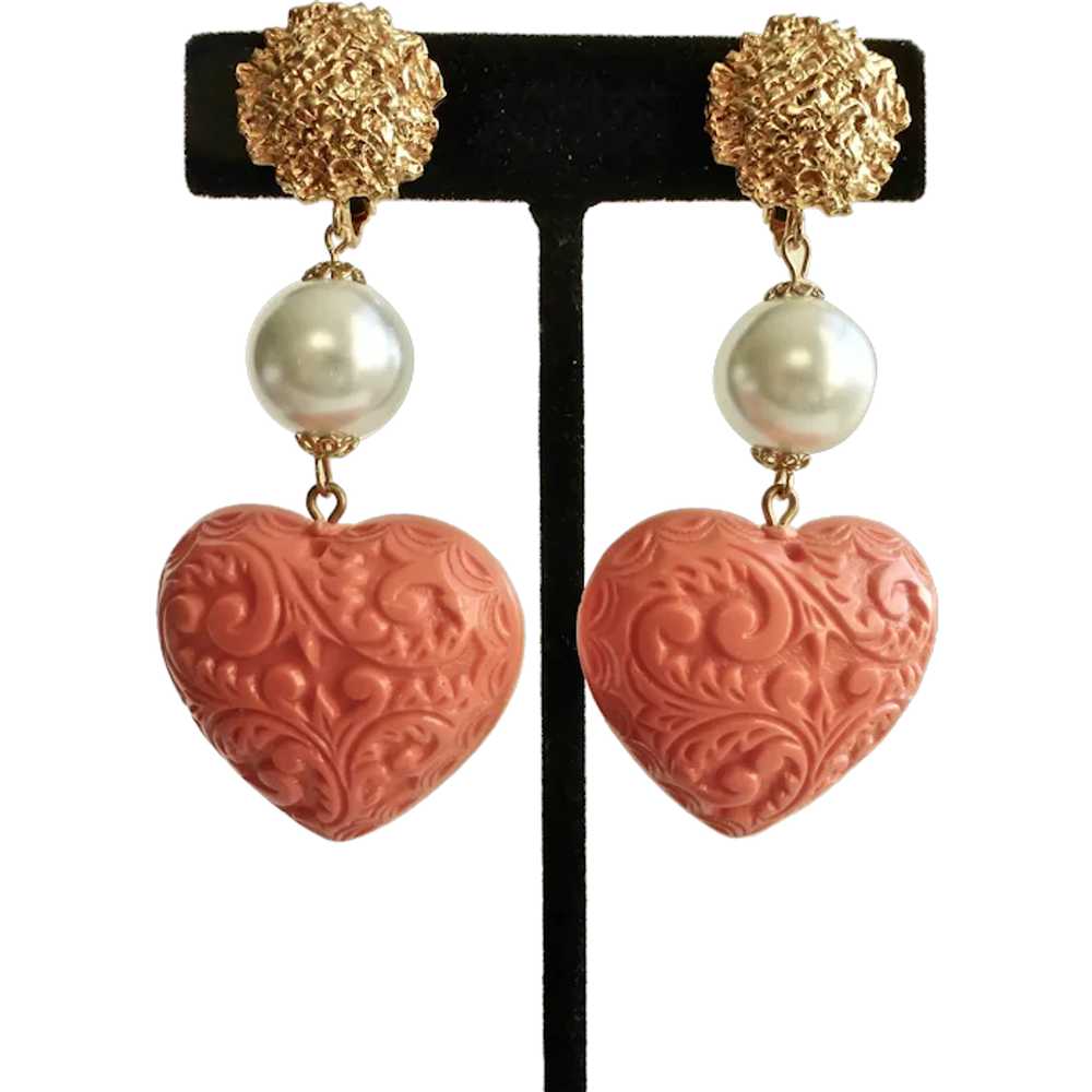 Vintage Salmon Pink Embossed Hearts with Faux Pea… - image 1