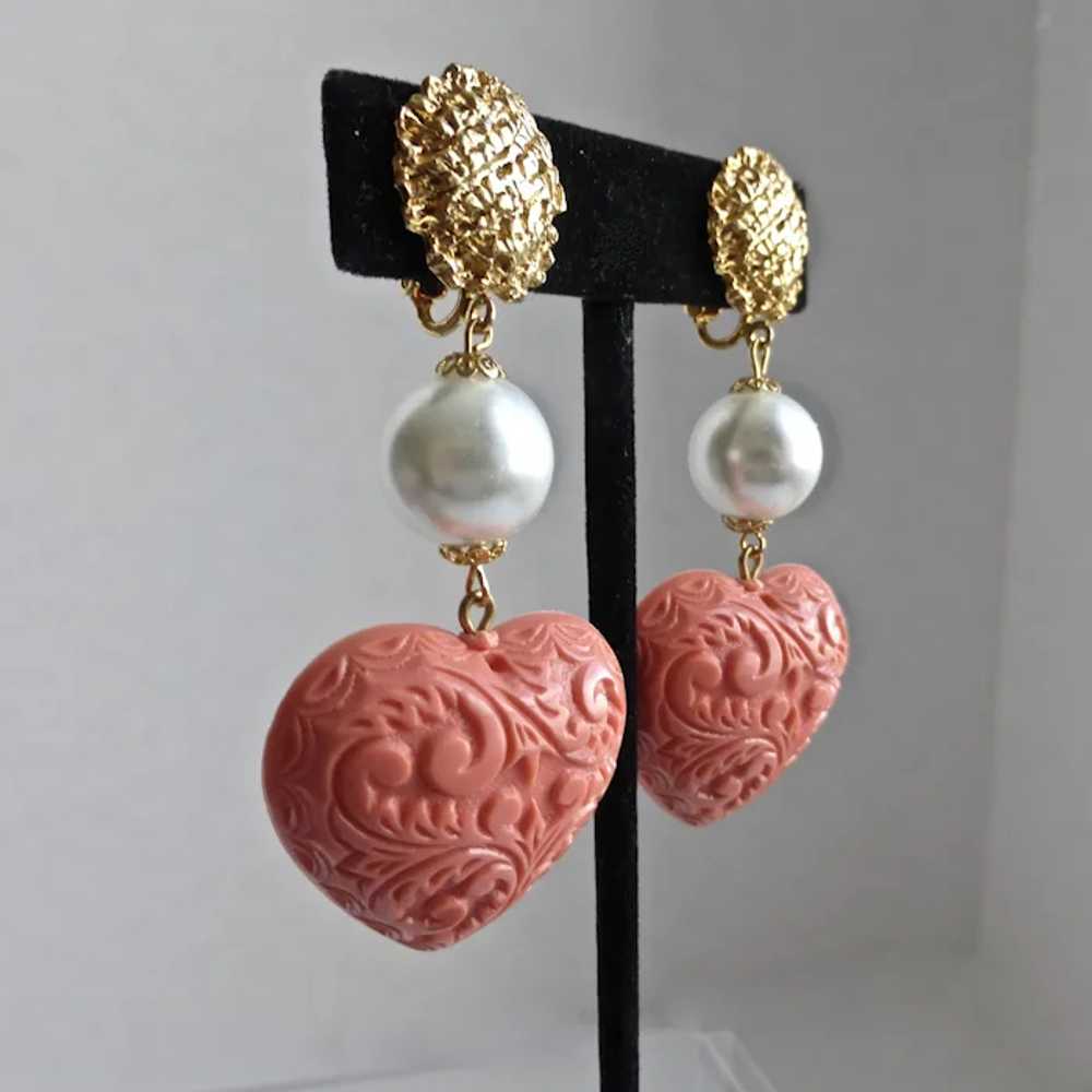 Vintage Salmon Pink Embossed Hearts with Faux Pea… - image 2