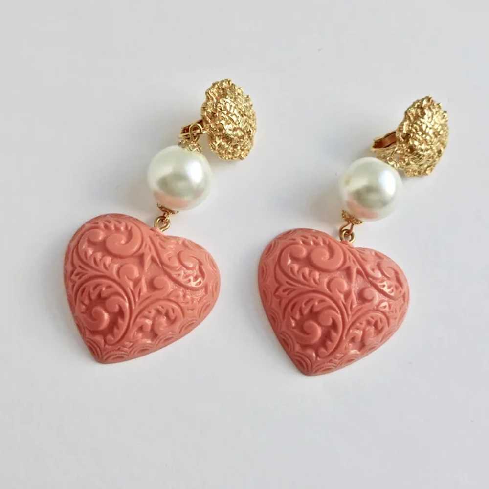 Vintage Salmon Pink Embossed Hearts with Faux Pea… - image 4