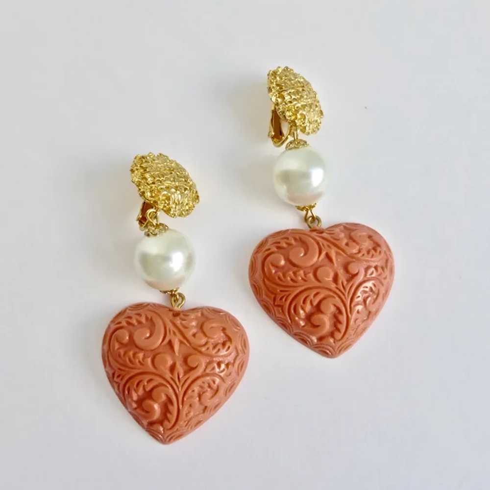 Vintage Salmon Pink Embossed Hearts with Faux Pea… - image 5