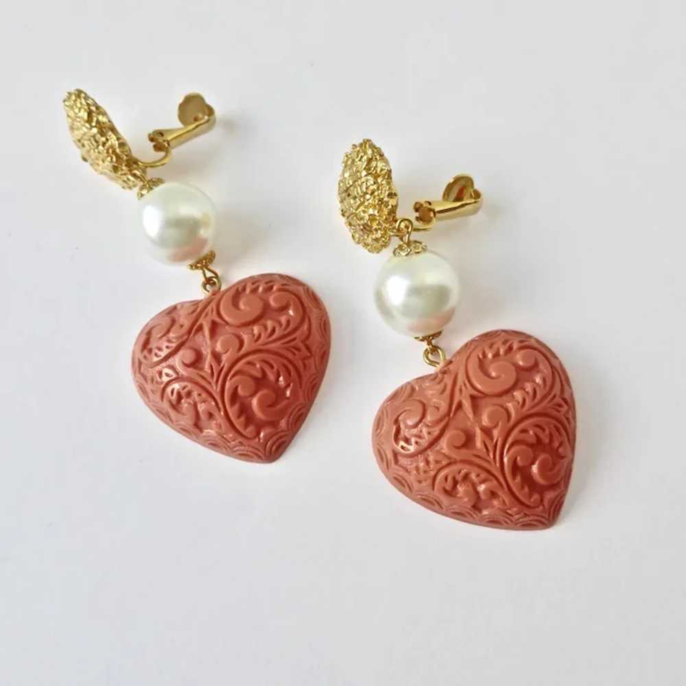 Vintage Salmon Pink Embossed Hearts with Faux Pea… - image 6