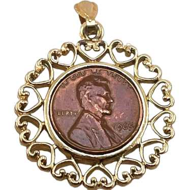 1965 Penny Pendant Mid Century Gold Plate and Cop… - image 1