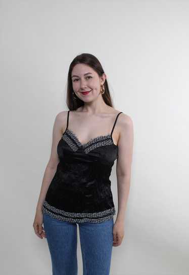 Vintage 90s black top, shiny tank top, deep v sex… - image 1