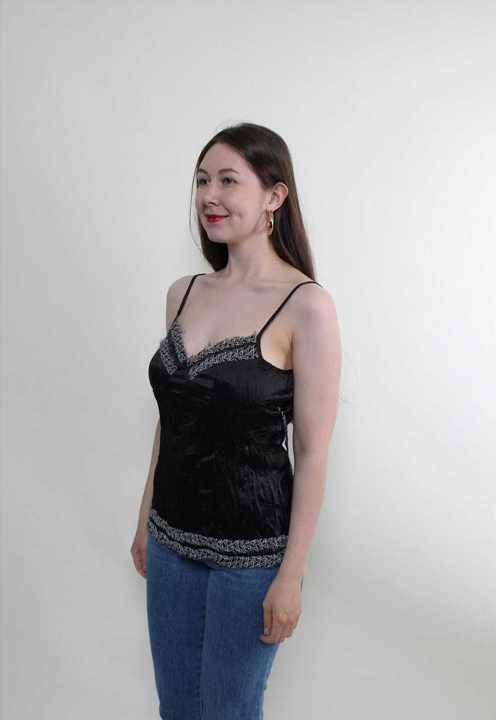 Vintage 90s black top, shiny tank top, deep v sex… - image 2