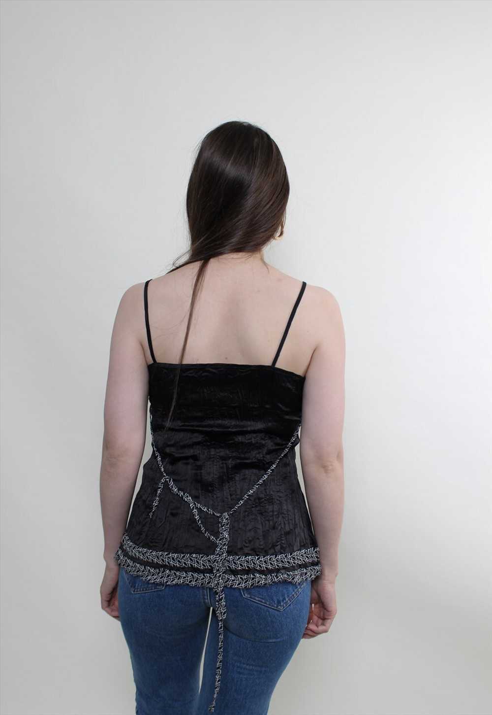 Vintage 90s black top, shiny tank top, deep v sex… - image 3