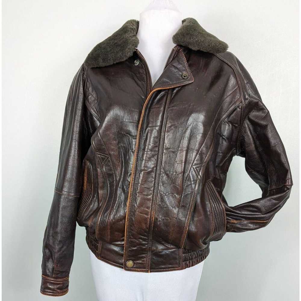Vintage Leather Jacket Bomber Aviator Fur Shearli… - image 1