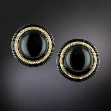 French Antique Onyx, Diamond and Enamel Button Cl… - image 1