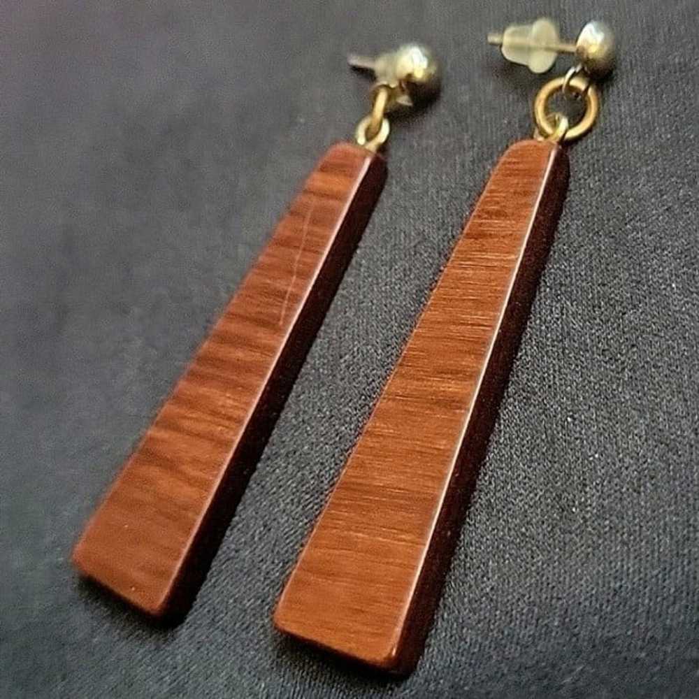 Vintage 70's Brown wooden Triangle Drop Post Earr… - image 1