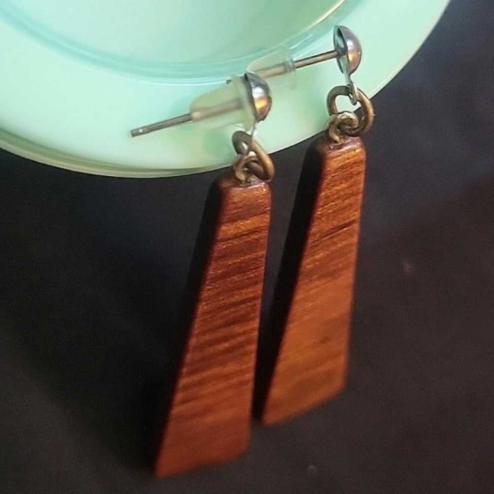 Vintage 70's Brown wooden Triangle Drop Post Earr… - image 2