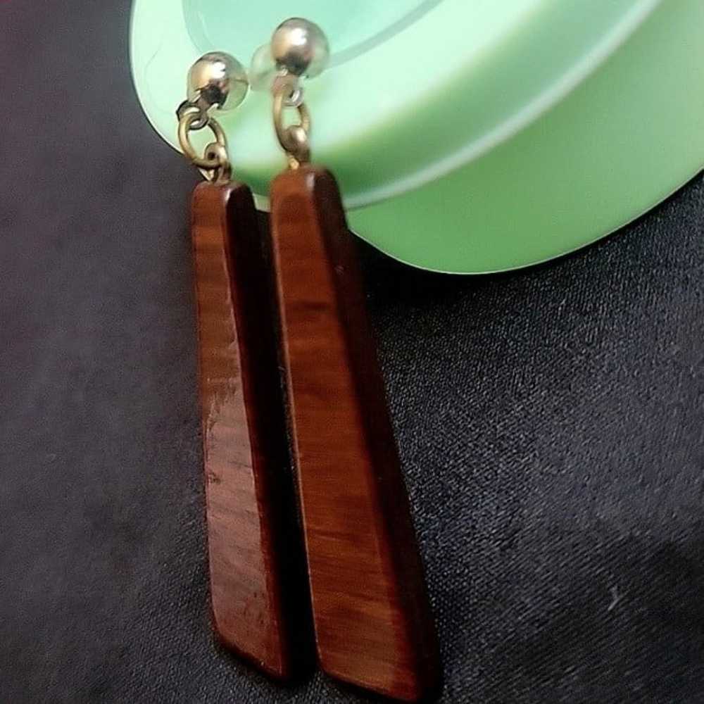 Vintage 70's Brown wooden Triangle Drop Post Earr… - image 3