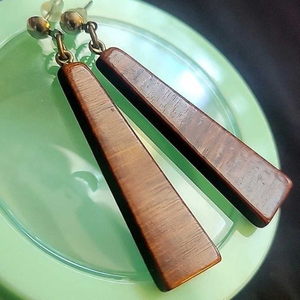 Vintage 70's Brown wooden Triangle Drop Post Earr… - image 4