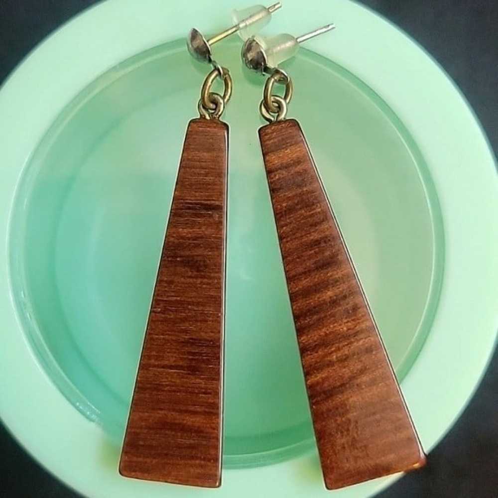 Vintage 70's Brown wooden Triangle Drop Post Earr… - image 5