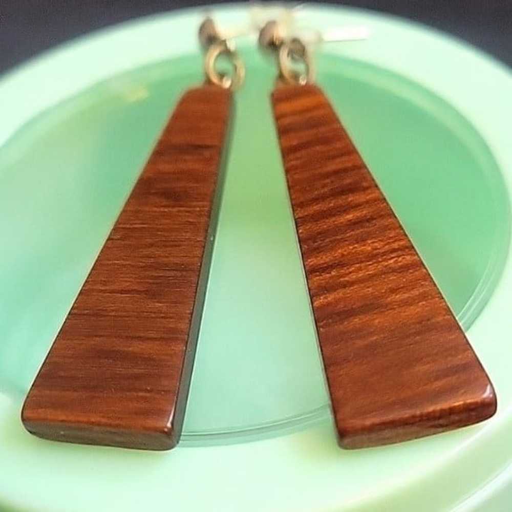 Vintage 70's Brown wooden Triangle Drop Post Earr… - image 6