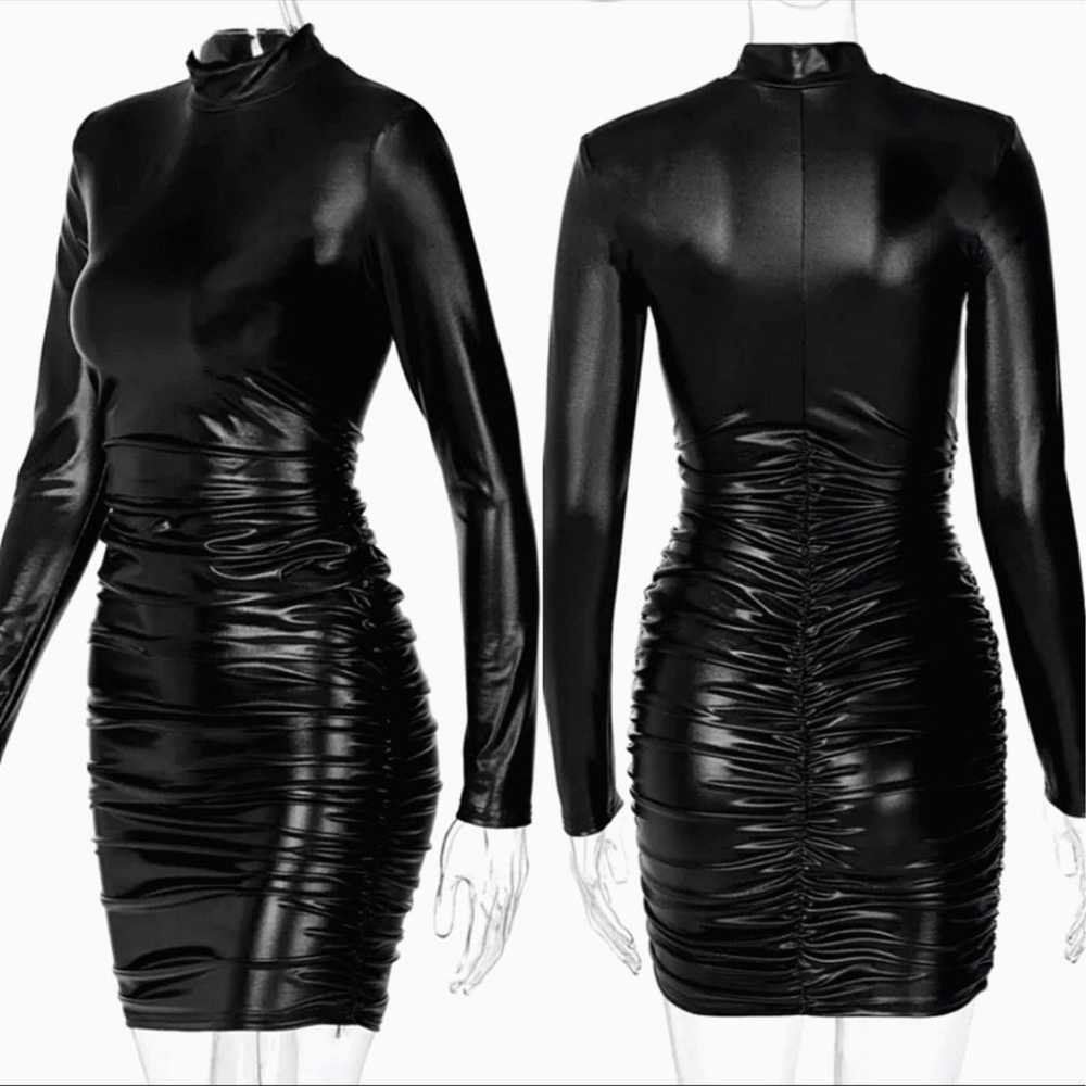Women Long-Sleeve Ruched Black PU Leather Sexy Cl… - image 2