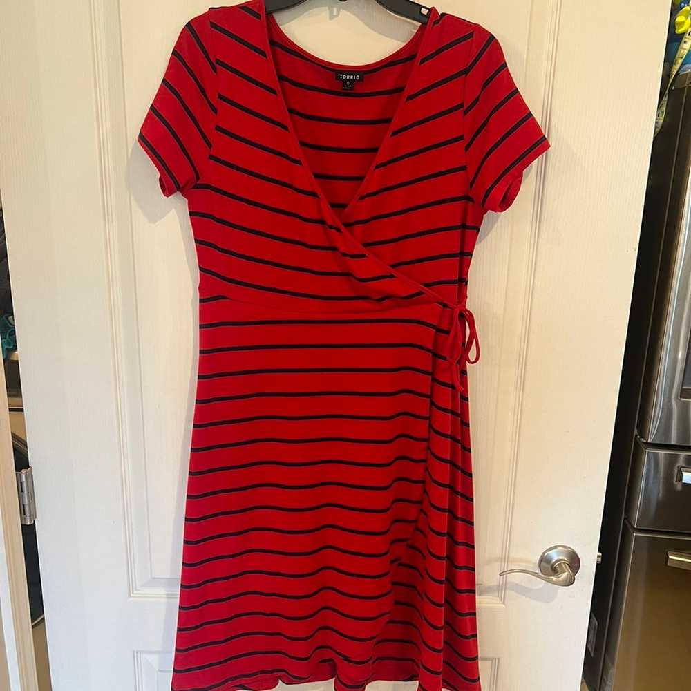 Torrid Red Striped Jersey faux Wrap Dress. Plus s… - image 2