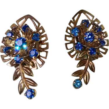 Vintage Deep Blue Rhinestone Clip on Earrings - image 1