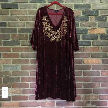 Roamans | Velvet Embroidered Boho V Neck Dress Sz… - image 1